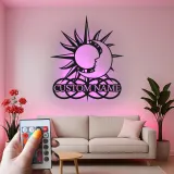 Art mural en métal céleste personnalisé | Panneau LED soleil et lune | Décor boho personnalisé | Lumière de chambre mystique