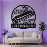 Enseigne harmonica personnalisée en métal | Décoration murale musicale LED pour studio | Plaque musicien personnalisée avec notes de musique