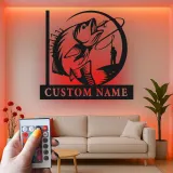 Enseigne de pêche personnalisée avec LED | Décoration murale en métal personnalisée pour pêcheurs | Cadeau décoratif pour maison de lac et chalet