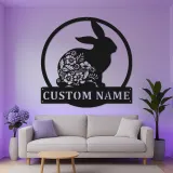 Insegna in metallo floreale con coniglio | Arte murale LED con nome personalizzato | Decorazione per cameretta con coniglietto | Regalo personalizzato per chi ama i conigli