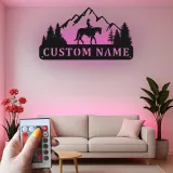 Art en métal personnalisé de cavalier de cheval | Panneau LED équestre personnalisé | Décor mural de ranch et de cabane pour cadeau