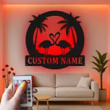 Panneau en métal Flamant Rose personnalisé | Art mural LED tropical | Décor de nom de maison de plage personnalisé | Cadeau décor de coucher de soleil