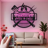 Custom Grill & Chill LED Metal Sign | BBQ Patio Wall Decor | Outdoor Kitchen Art | Personalized Gift for Grill Master Dad