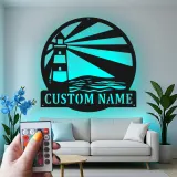 Personalized Lighthouse Metal Wall Art | Custom Name Sign with LED Light | Modern Coastal Decor for Beach House