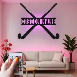 Enseigne hockey sur gazon personnalisée | Décoration murale LED en métal avec prénom | Cadeau pour athlète et déco de chambre ado