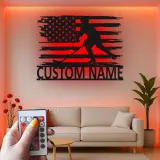 Personalized Hockey Player Metal Sign | Custom Name LED Wall Art with USA Flag | Game Room Decor for Sports Fan