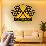 Insegna in metallo LED personalizzata con bandiere da corsa - Regalo per appassionati di auto, decorazione per garage o man cave 1