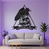 Insegna LED in metallo gotica con corvo e teschio | Arte murale horror personalizzata | Decorazione spettrale su misura per man cave, studio | Targhetta dark art