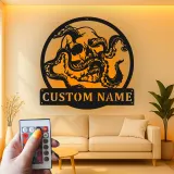 Panneau en métal LED Crâne & Pieuvre | Décoration murale nautique gothique personnalisée | Décor de pirate sur mesure pour salle de loisirs, bar ou studio
