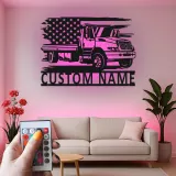 Enseigne camion de dépannage plateau personnalisée | Décoration murale LED en métal | Décor drapeau américain pour garage ou bureau | Cadeau pour chauffeur routier