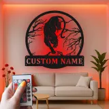 Art mural LED panthère féroce en métal | Plaque personnalisée avec nom pour man cave | Décoration murale faune sauvage, cadeau pour chasseur