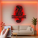 Cartel de metal personalizado de caballito de mar con LED | Arte mural náutico personalizado | Regalo de decoración para casa de playa y hogar costero