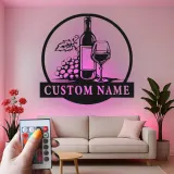 Insegna in metallo personalizzata per bottiglia di vino e bicchiere con luce LED - Regalo personalizzato per amanti del vino, decorazione per cucina o bar 1