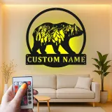 Custom Bear and Mountain Scene Led Light Metal Wall Art Personalized Nature Lover Gift Cabin Decor