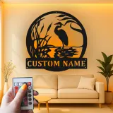 Panneau mural en métal personnalisé héron avec LED | Décoration murale personnalisée pour maison de lac | Cadeau pour amoureux de la nature | Déco oiseau