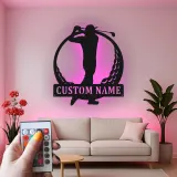 Insegna in metallo personalizzata per golfista con LED | Targa nome golf su misura | Decorazione murale per home bar e regalo per papà