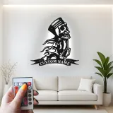 Cartel de metal personalizado con calavera de motocicleta | Señal de garaje de motorista con LED | Decoración de hombre de cueva con llamas de pistón