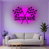 Cartel de metal LED personalizado de banderas de carreras - Regalo para entusiastas de los coches - Decoración para garajes o man caves 2