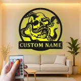 Panneau en métal LED Crâne & Pieuvre | Décoration murale personnalisée | Décor gothique nautique pour chambre de pirate, bar ou homme cave