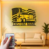Panneau Trucker Personnalisé | Art Murale Métal Drapeau Américain LED | Cadeau Personnalisé pour Conducteur de Camion Semi | Décor Man Cave