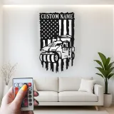 Road Roller Metal Wall Art | Personalized Construction LED Sign | American Flag Heavy Equipment Decor for Office or Garage