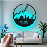 Seattle Skyline Baseball Sign | LED Metal Wall Art for Man Cave | Custom Sports Fan Gift