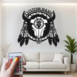 Cartel de metal LED personalizado de cráneo de búfalo, regalo occidental rústico para decoración del hogar en el salón