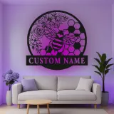 Custom Bee and Flowers Led Light Metal Wall Art Personalized Gift for Nature Lovers Garden or Living Room Decor