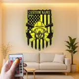Personalized Firefighter LED Sign | Custom Fireman Metal Wall Art | Patriotic American Flag Decor for Home & Fire Station