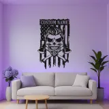 Insegna Personalizzata per Vigile del Fuoco | Arte in Metallo Teschio LED con Bandiera Americana | Regalo con Nome Personalizzato per Vigile del Fuoco | Decorazione Parete Man Cave e Garage