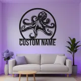 Décoration murale LED en métal pieuvre personnalisée | Plaque avec nom sur mesure | Déco nautique pour bureau et maison côtière | Cadeau pour amoureux de l’océan