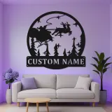 Cartel de metal personalizado de trineo de Santa | Decoración mural navideña LED | Arte navideño personalizado con nombre de familia | Silueta festiva de reno