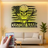 Art mural en métal LED avec crâne patriote | Panneau de garage mécanicien personnalisé | Décoration de man cave pour lui