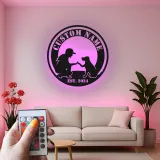 Cartel de metal personalizado con silueta de perro y dueño y luz LED, regalo para amantes de mascotas, decoración para salón