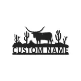 Panneau Métallique Longhorn du Texas Personnalisé | Art Murale Rétroéclairé avec Nom de Ranch | Décoration Rustique de Cactus du Désert pour Ferme et Extérieur