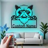 Décoration murale en métal personnalisée avec lumière LED pour chat persan - Cadeau unique pour les amoureux des chats