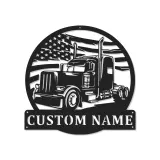 Panneau Métallique LED Personnalisé de Camion Semi | Art Mural avec Drapeau Américain | Cadeau Personnalisé pour Camionneur pour Man Cave & Garage