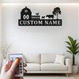 Cartel de Granja Personalizado | Decoración de Metal de Granja con LED | Arte de Pared con Nombre Familiar Rústico para la Sala de Estar