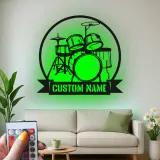 Custom Drum Set Led Light Metal Wall Art Personalized Musician Gift Studio or Music Room Decor 3