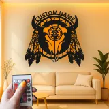 Cartel de metal LED personalizado de cráneo de búfalo, regalo occidental rústico para decoración del hogar en el salón