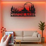 Cartel de pesca personalizado con luz LED | Arte mural de metal personalizado para casa de campo | Regalo para pescador y angler