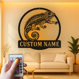 Cartel de metal personalizado con luz LED de camaleón, regalo personalizado para amantes de reptiles, decoración para salón u oficina
