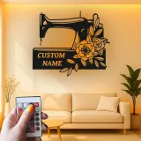 Cartel de máquina de coser personalizado | Decoración mural de metal LED personalizada | Decoración para el cuarto de costura