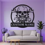 Cartel LED de Mecánico con Calavera | Arte de Nombre Personalizado para Garaje | Decoración de Pared Personalizada para Taller y Auto