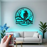 Enseigne en métal Raven personnalisée avec LED | Décoration murale gothique personnalisée | Silhouette d'oiseau rétroéclairée pour la maison et le bureau
