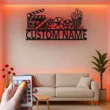 Panneau de Cinéma Personnalisé | Art mural en métal LED de Cinéma Personnalisé | Décor de Salle de Cinéma Familiale | Panneau Lumineux Bobine de Film & Popcorn