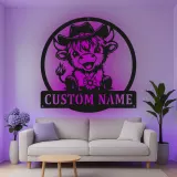 Cartel de metal LED de vaca de vaquero personalizado, regalo de granja para decoración de guardería o habitación infantil