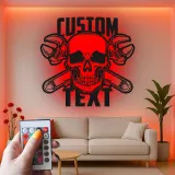 Mechanic Skull LED Sign | Custom Metal Wall Art for Garage | Personalized Man Cave Decor | Biker Bar & Workshop Gift Idea