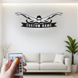 Panneau en métal LED pour nageur personnalisé | Cadeau pour équipe de natation | Silhouette d'athlète éclairée | Décor pour entraîneur de natation