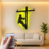 Décoration murale LED personnalisée pour lineman | Panneau métallique sur mesure pour électricien | Déco silhouette de poteau pour professionnel des services publics, bureau ou man cave